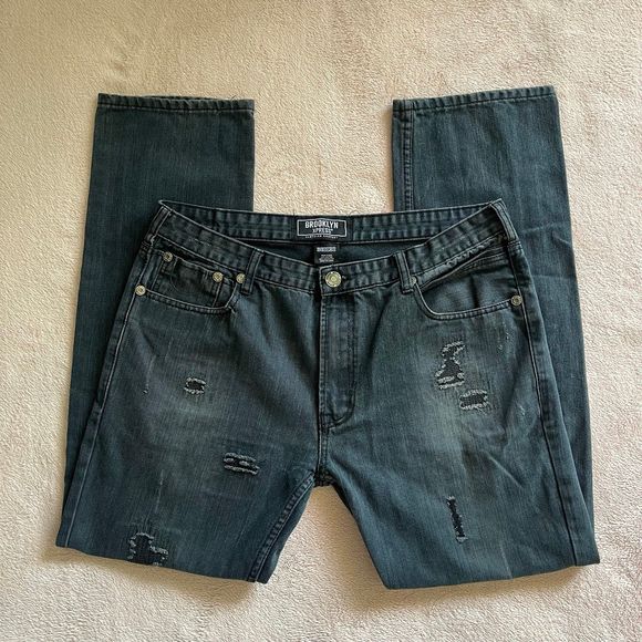 Brooklyn Xpress Men’s Blue Distressed Straight Jeans Size 36x32 - Picture 2 of 7